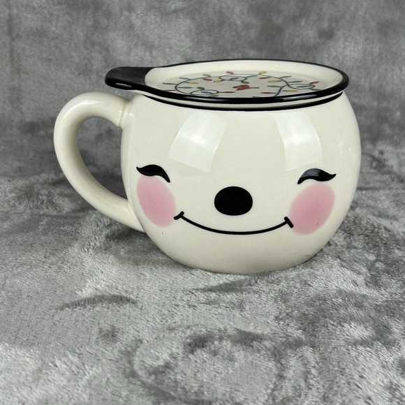 Temptations Other - Temptations By Tara Kawaii Face Mug With Saucer Lid Holiday Themed Dove & Lights
